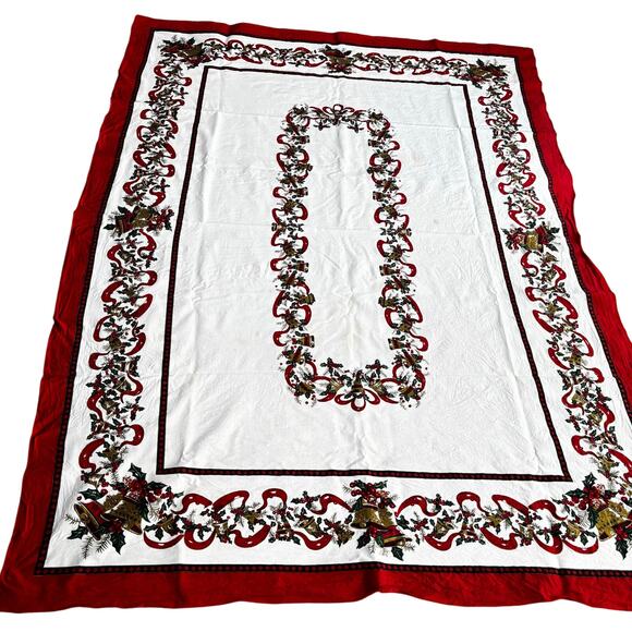 Vintage Christmas tablecloth Y2K long rectangle holiday white red green FLAWS - Picture 1 of 9